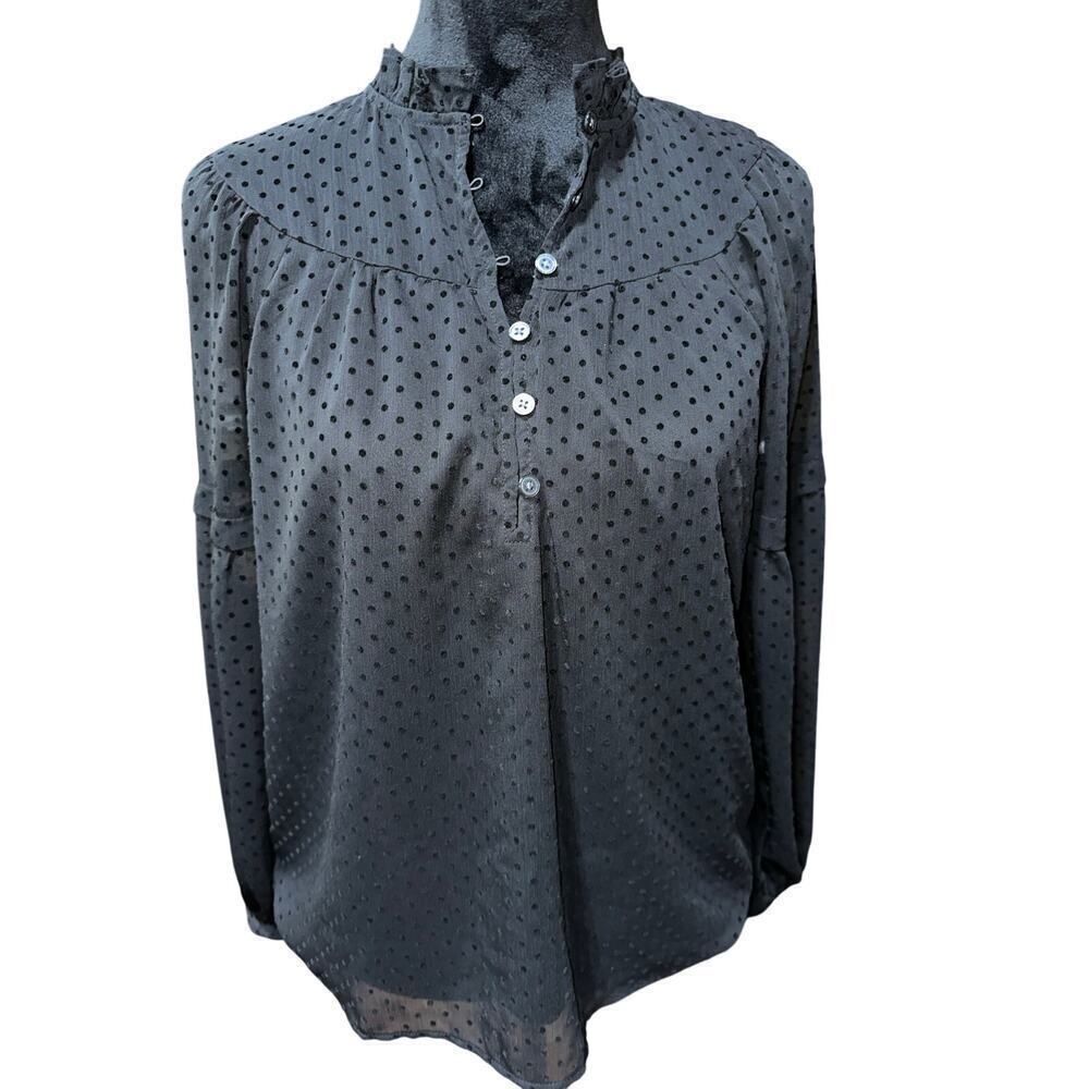 Loft Women’s Blouse Pullover Swiss Dot Sheer Dark Romantic Party Sexy Black XS